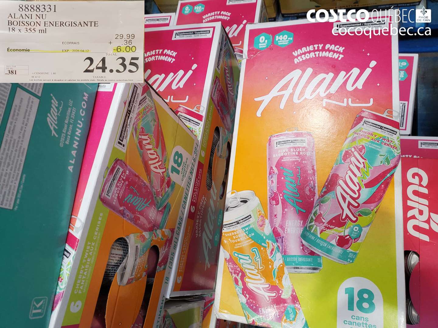 8888331 ALANI NU BOISSON ENERGISANTE 18 X 355 ML ($6.00 INSTANT SAVINGS EXPIRES ON 2026-04-12) $24.35