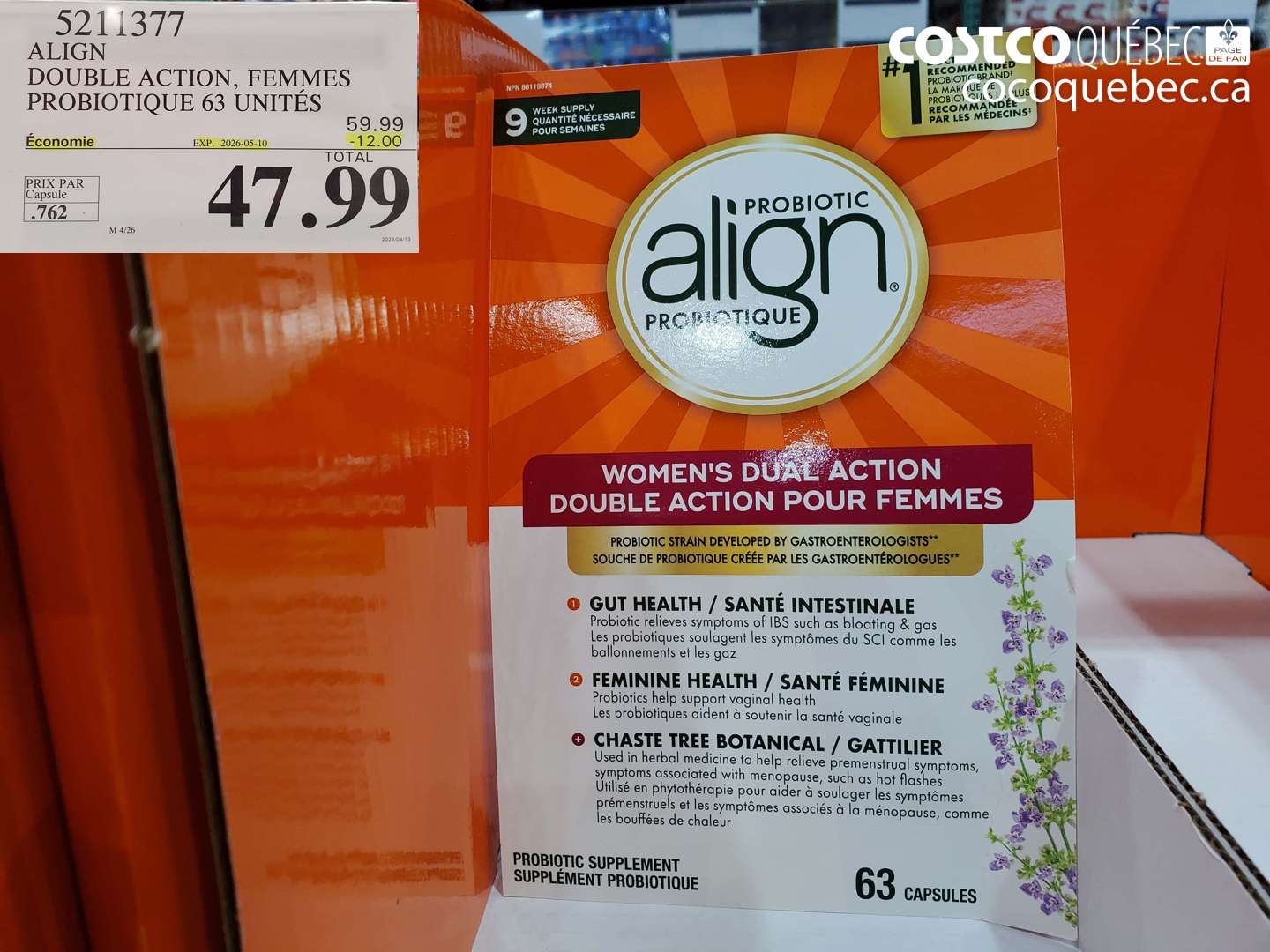 5211377 ALIGN DOUBLE ACTION, FEMMES PROBIOTIQUE 63 UNITÉS ($12.00 INSTANT SAVINGS EXPIRES ON 2026-05-10) $47.99