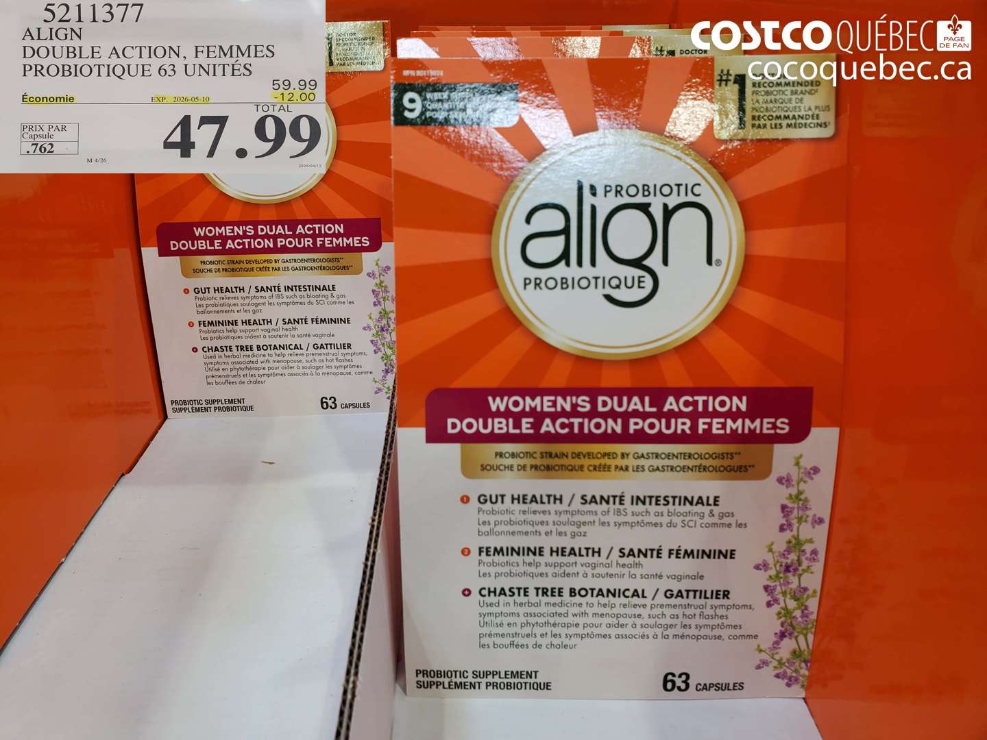 5211377 ALIGN DOUBLE ACTION, FEMMES PROBIOTIQUE 63 UNITES ($12.00 INSTANT SAVINGS EXPIRES ON 2026-05-10) $47.99