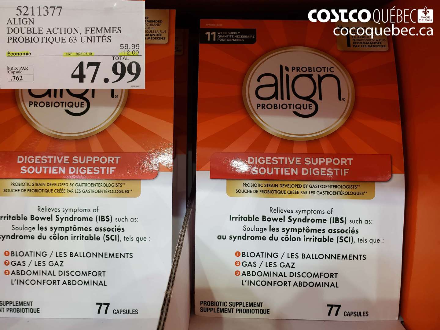 5211377 ALIGN DOUBLE ACTION, FEMMES PROBIOTIQUE 63 UNITÉS ($12.00 INSTANT SAVINGS EXPIRES ON 2026-05-10) $47.99