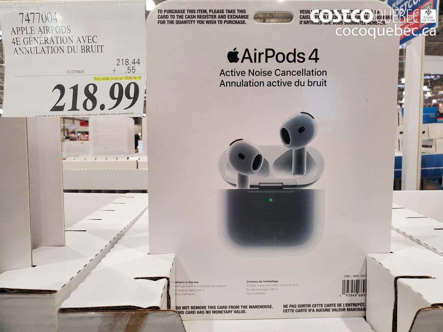 7477004 APPLE AIRPODS 4E GÉNÉRATION AVEC ANNULATION DU BRUIT (EXPIRES ON 2026-04-16) $218.99