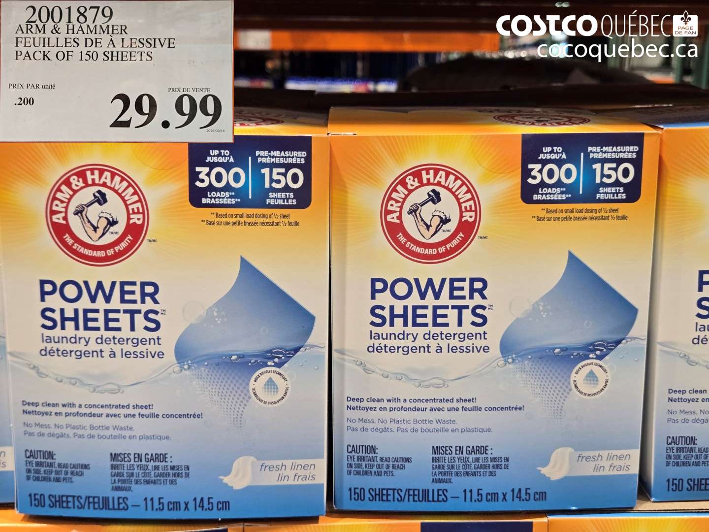 2001879 ARM & HAMMER FEUILLES DE LESSIVE PACK OF 150 SHEETS $29.99