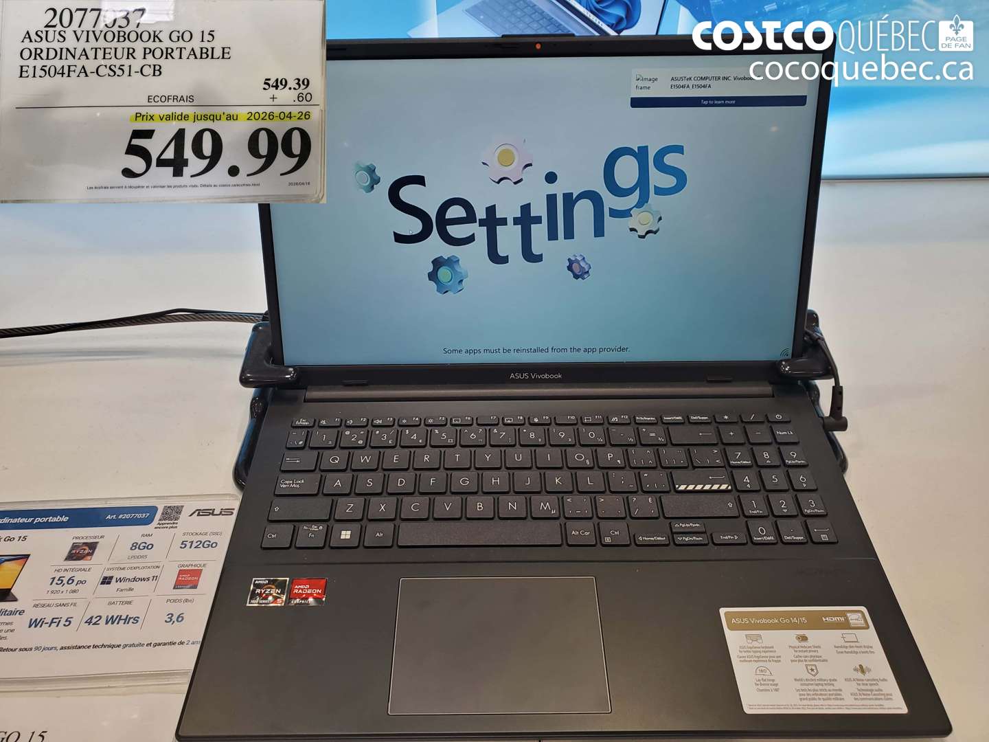 2077037 ASUS VIVBOOK GO 15 (EXPIRES ON 2026-04-26) $549.39