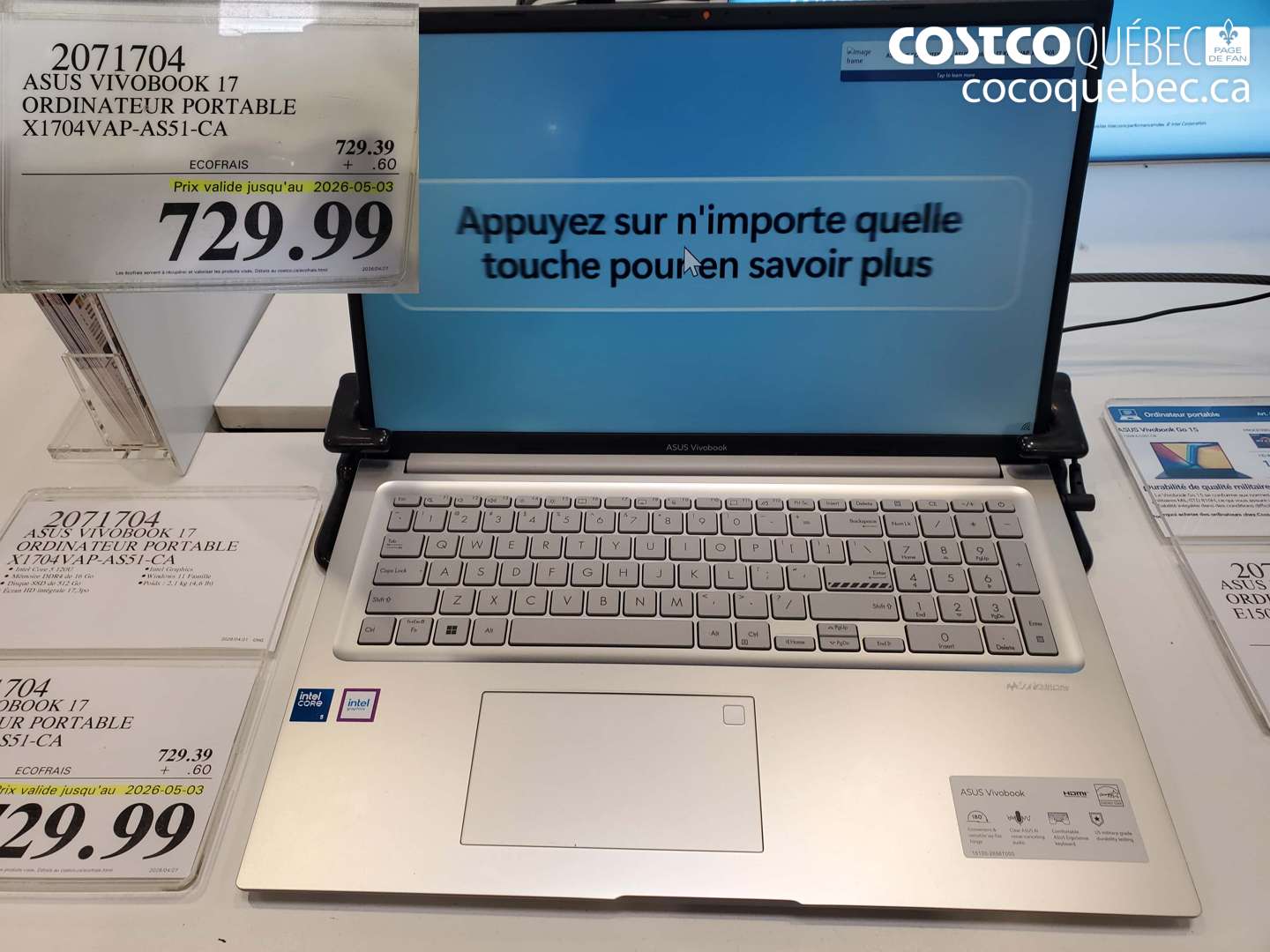 2071704 ASUS VIVOBOOK 17 ORDINATEUR PORTABLE X1704VAP-AS1-CA (EXPIRES ON 2026-05-03) $729.99