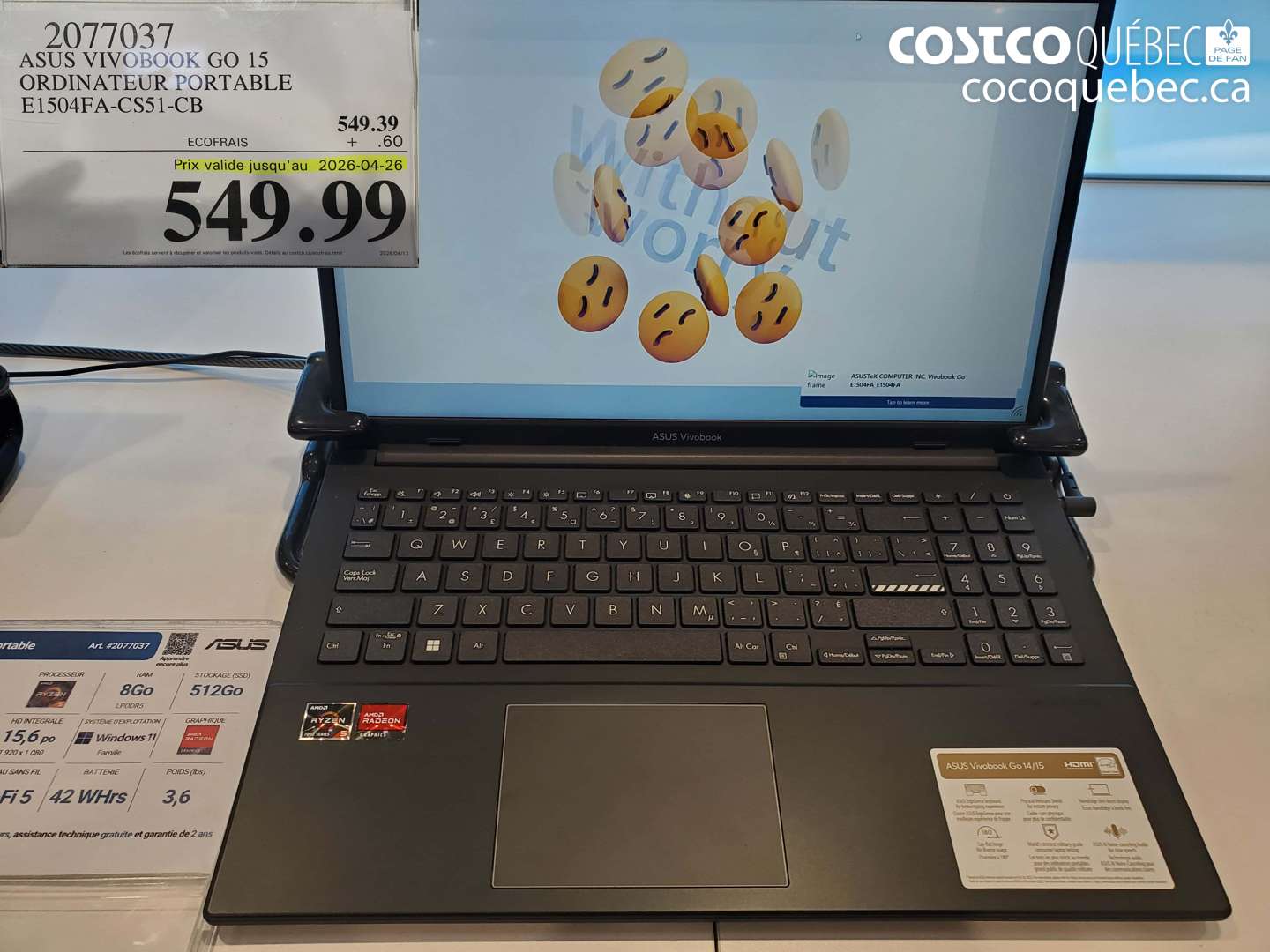 2077037 ASUS VIVOBOOK GO 15 ORDINATEUR PORTABLE E1504FA-CS51-CB (EXPIRES ON 2026-04-26) $549.99