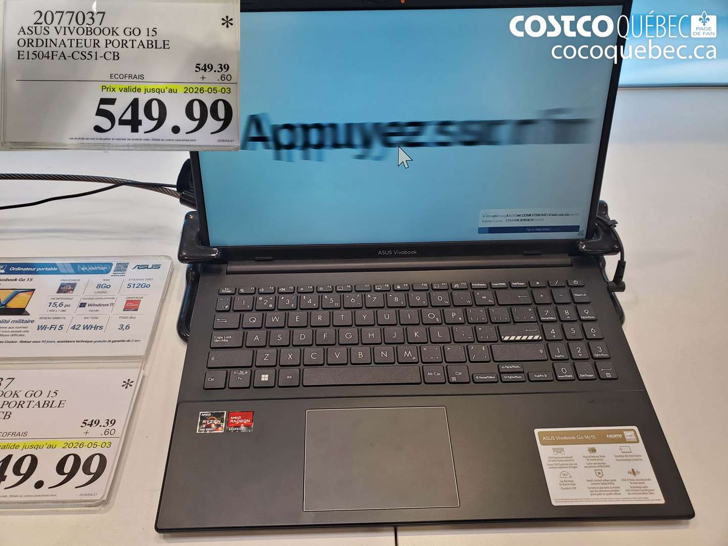 2077037 ASUS VIVOBOOK GO 15 ORDINATEUR PORTABLE E1504FA-CS51-CB (EXPIRES ON 2026-05-03) $549.99