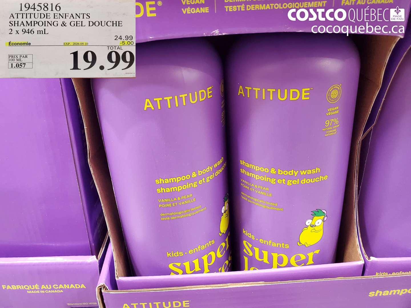 1945816 ATTITUDE ENFANTS SHAMPOING & GEL DOUCHE 2 X 946 ML ($5.00 INSTANT SAVINGS EXPIRES ON 2026-05-10) $19.99
