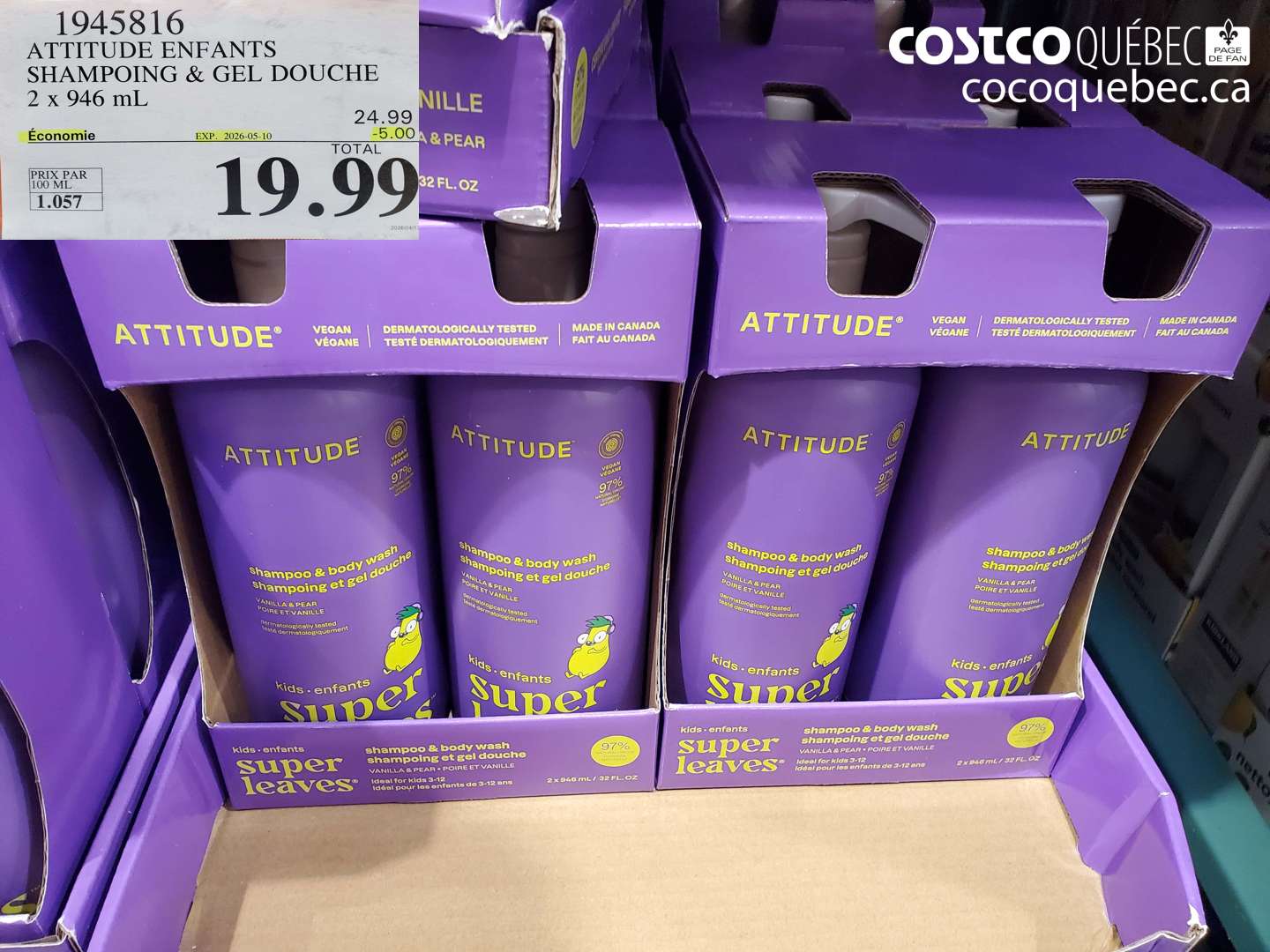 1945816 ATTITUDE ENFANTS SHAMPOING & GEL DOUCHE 2 x 946 ML ($5.00 INSTANT SAVINGS EXPIRES ON 2026-05-10) $19.99