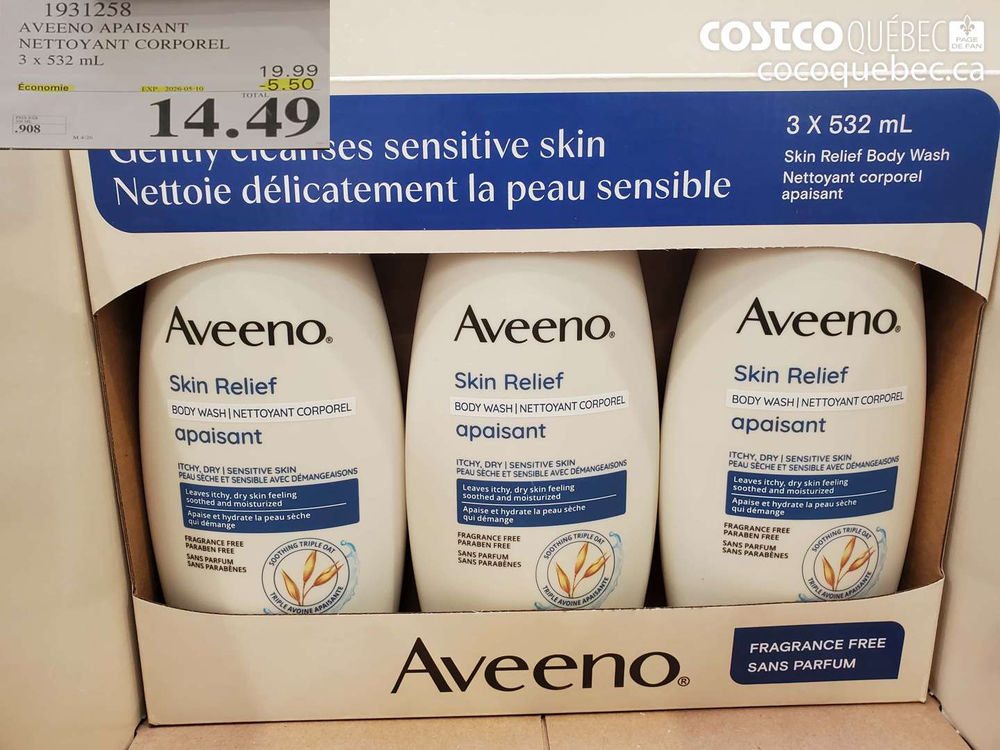 1931258 AVEENO APAISANT NETTOYANT CORPOREL 3 X 532 ML ($5.50 INSTANT SAVINGS EXPIRES ON 2026-05-10) $14.49