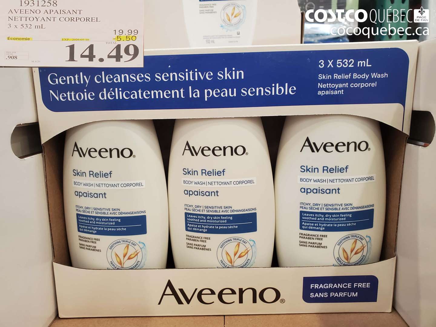 1931258 AVEENO APAISANT NETTOYANT CORPOREL 3 X 532 ML ($5.50 INSTANT SAVINGS EXPIRES ON 2026-05-10) $14.49