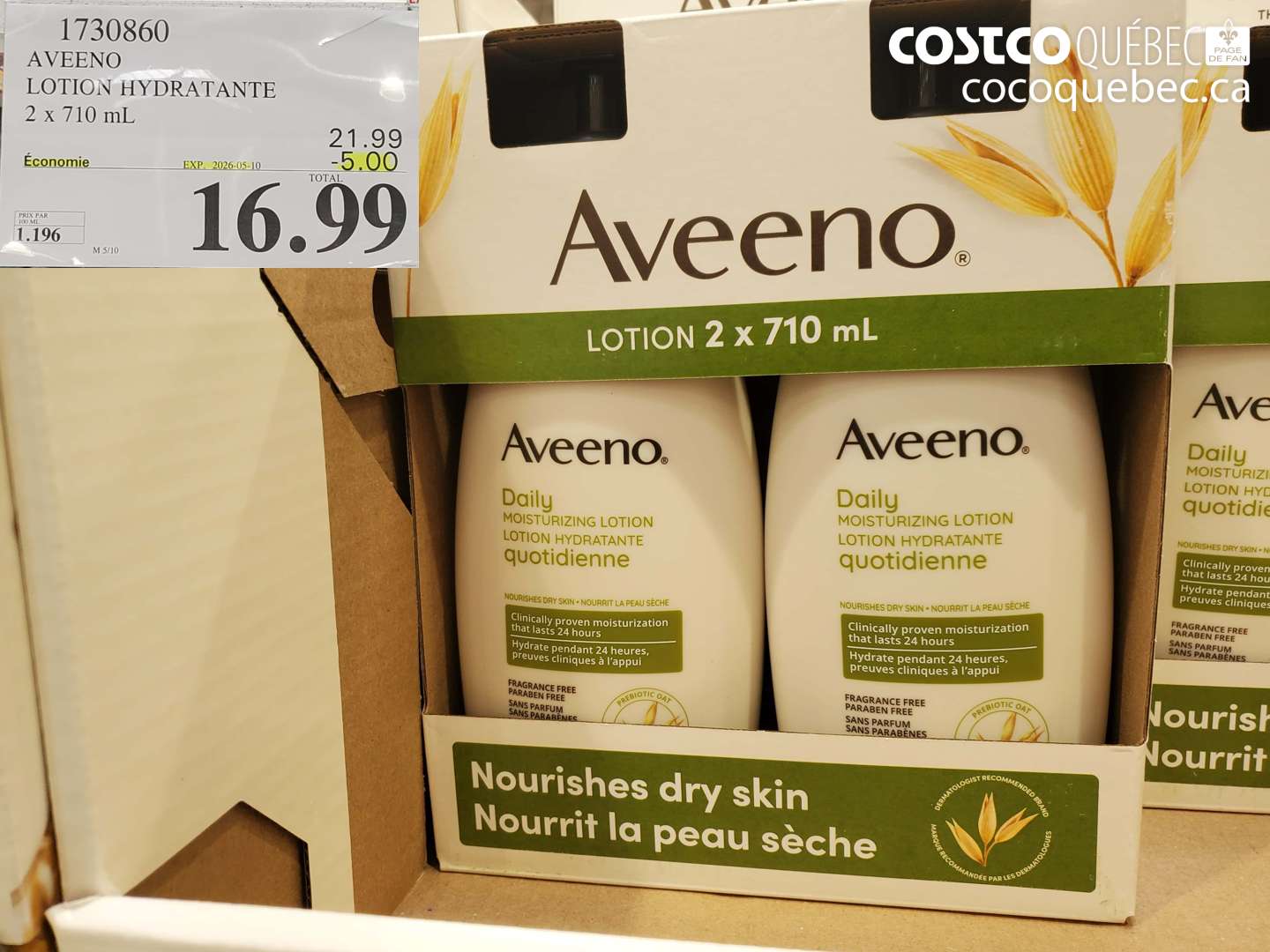 1730860 AVEENO LOTION HYDRATANTE 2 X 710 ML ($5.00 INSTANT SAVINGS EXPIRES ON 2026-05-10) $16.99