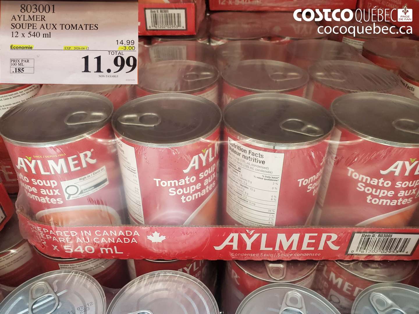 803001 AYLMER SOUPE AUX TOMATES 12 X 540 ML ($3.00 INSTANT SAVINGS EXPIRES ON 2026-04-12) $11.99