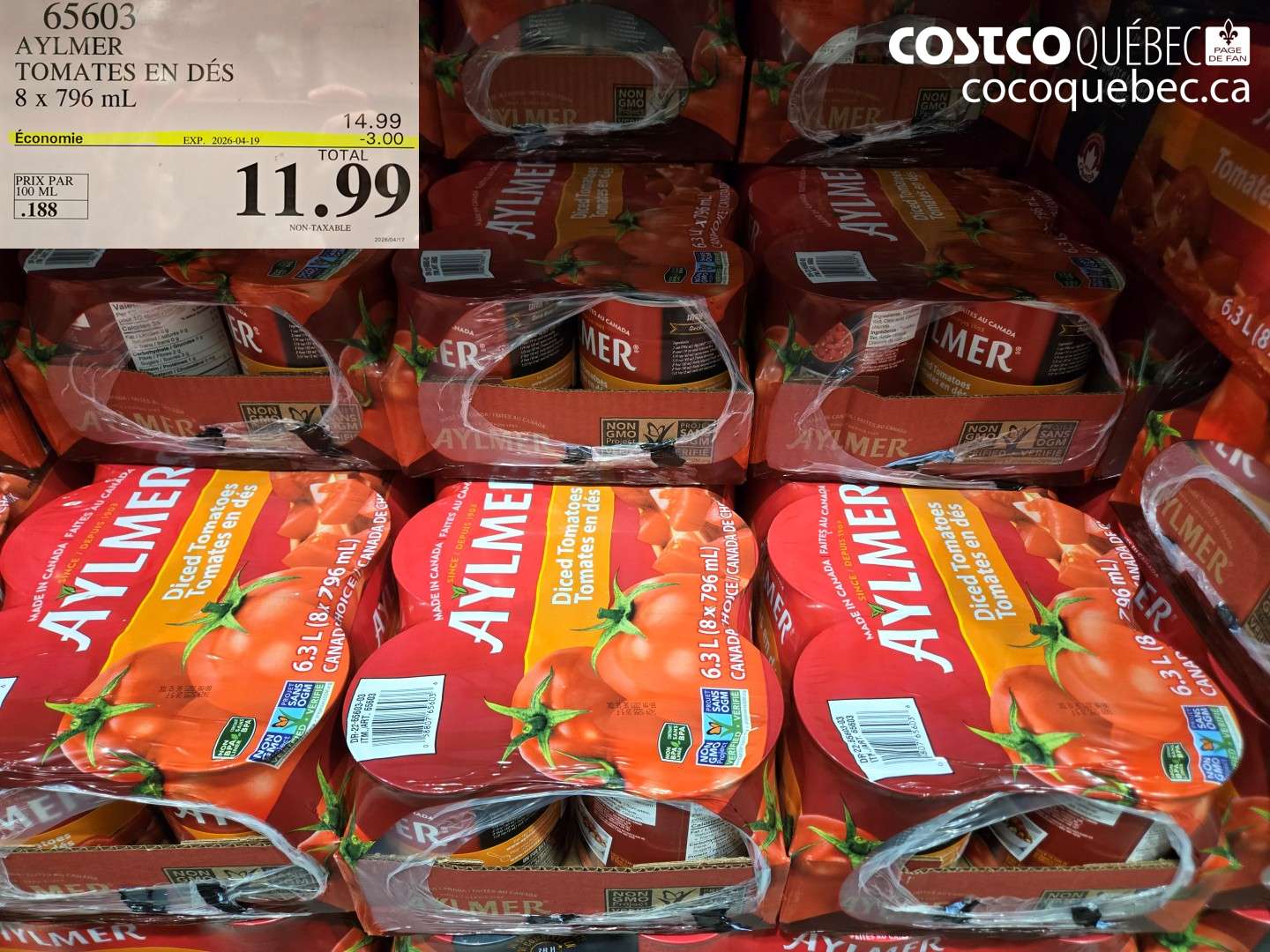 65603 AYLMER TOMATES EN DÉS 8 X 796 ML ($3.00 INSTANT SAVINGS EXPIRES ON 2026-04-19) $11.99