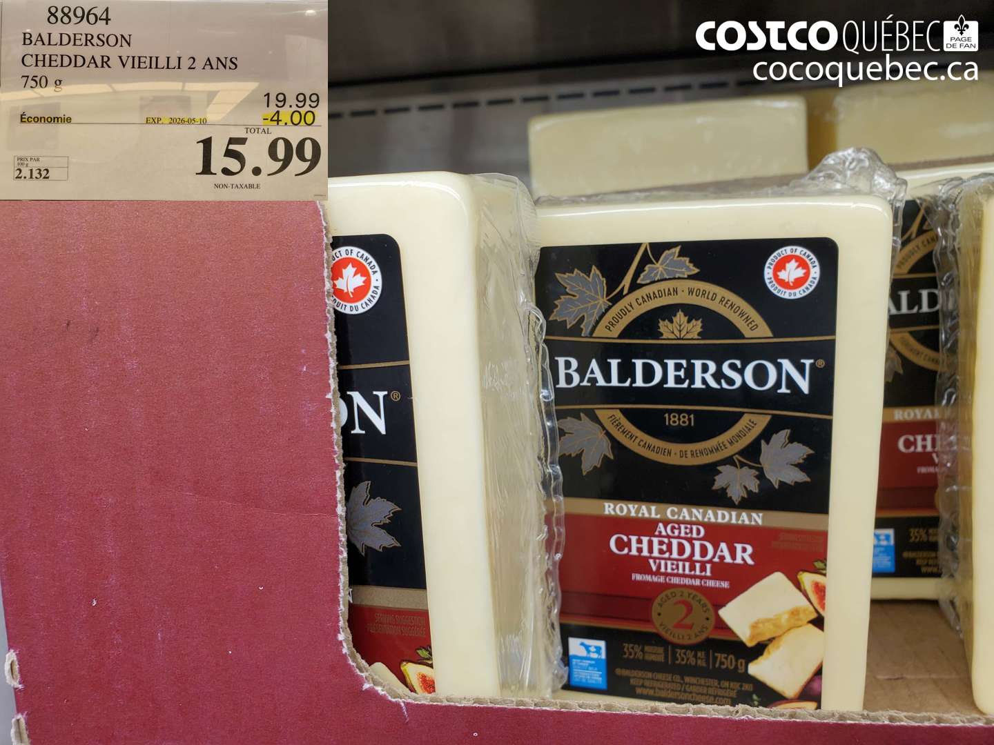 88964 BALDERSON CHEDDAR VIEILLI 2 ANS 750 G ($4.00 INSTANT SAVINGS EXPIRES ON 2026-05-10) $15.99