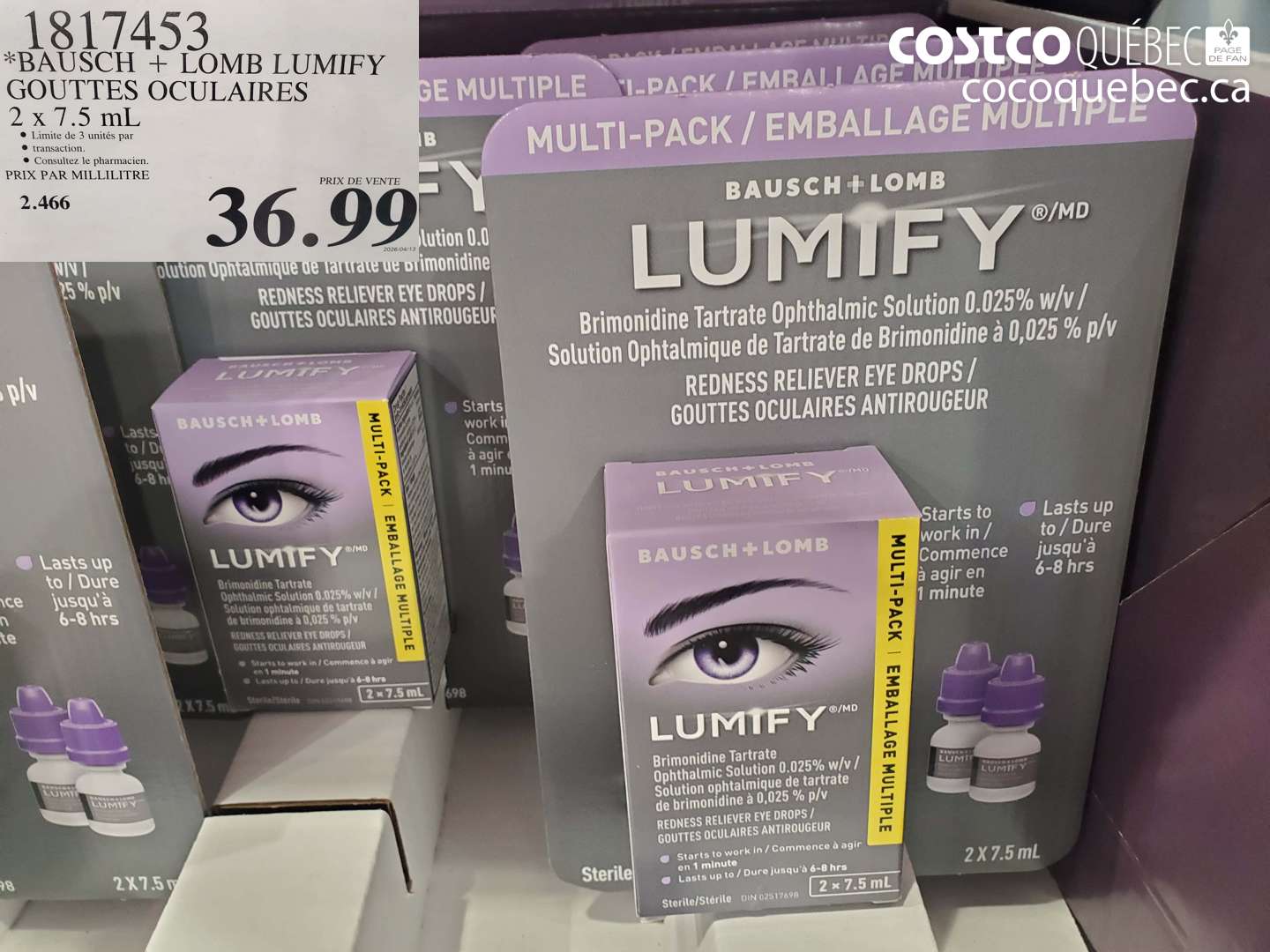 1817453 BAUSCH + LOMB LUMIFY GOUTTES OCULAIRES 2 X 7.5 ML $36.00