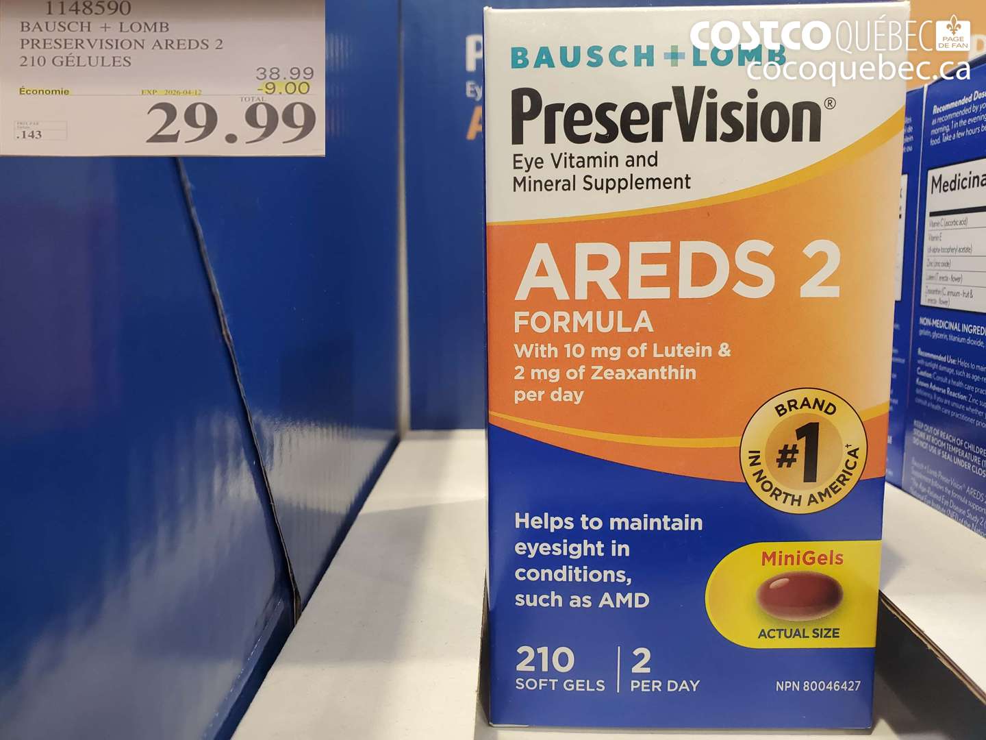 1148590 BAUSCH + LOMB PRESERVISION AREDS 2 210 GÉLULES ($9.00 INSTANT SAVINGS EXPIRES ON 2026-04-12) $29.99