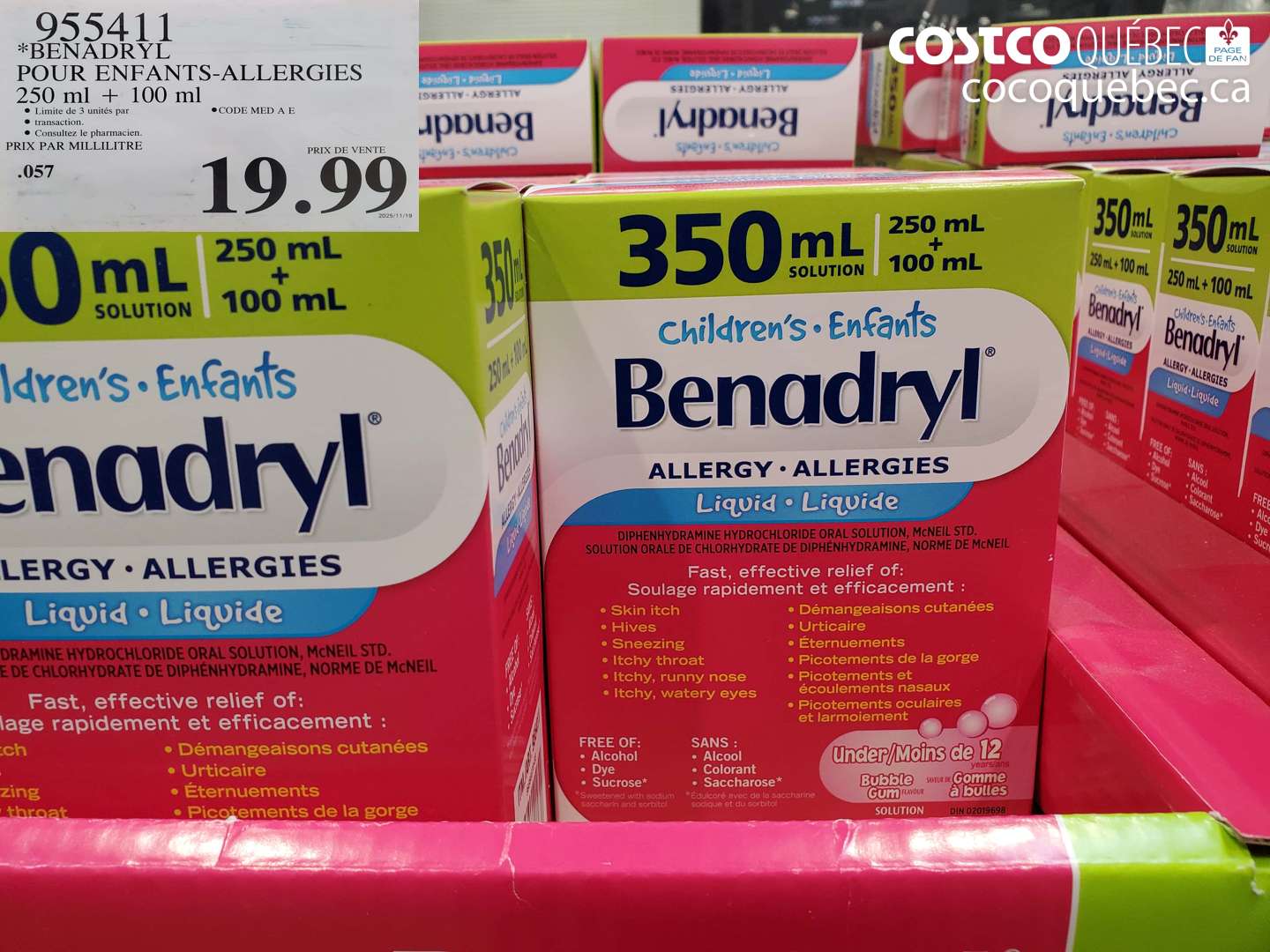 955411 BENADRYL POUR ENFANTS-ALLERGIES 250 ML + 100 ML $19.99
