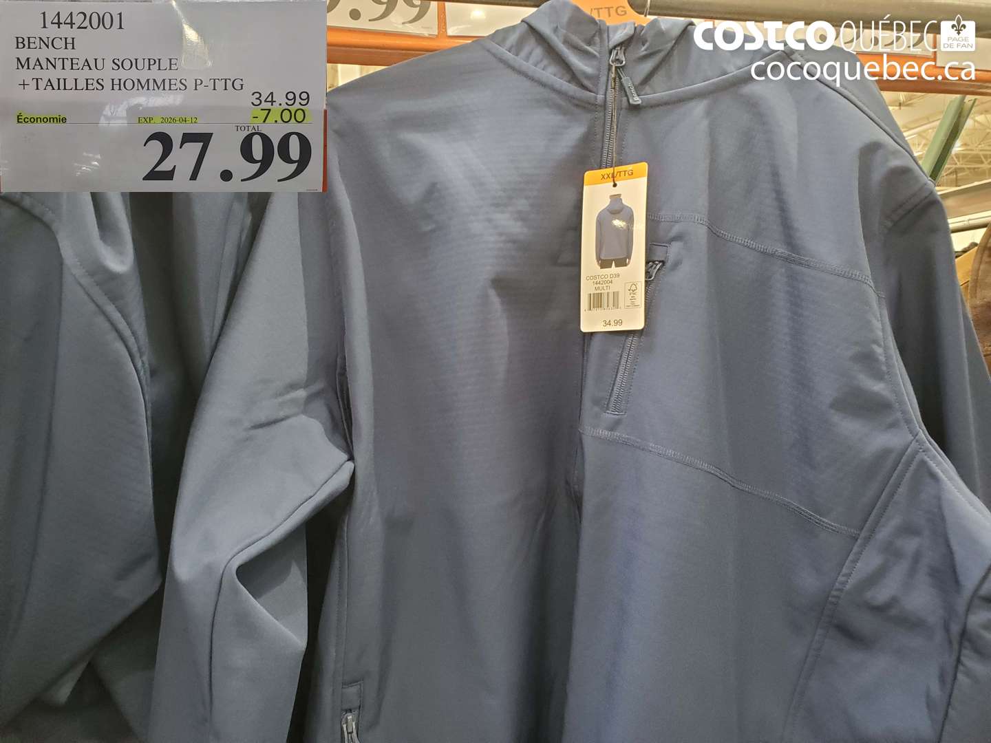 1442001 BENCH MANTEAU SOUPLE + TAILLES HOMMES P-TG ($7.00 INSTANT SAVINGS EXPIRES ON 2026-04-12) $27.99