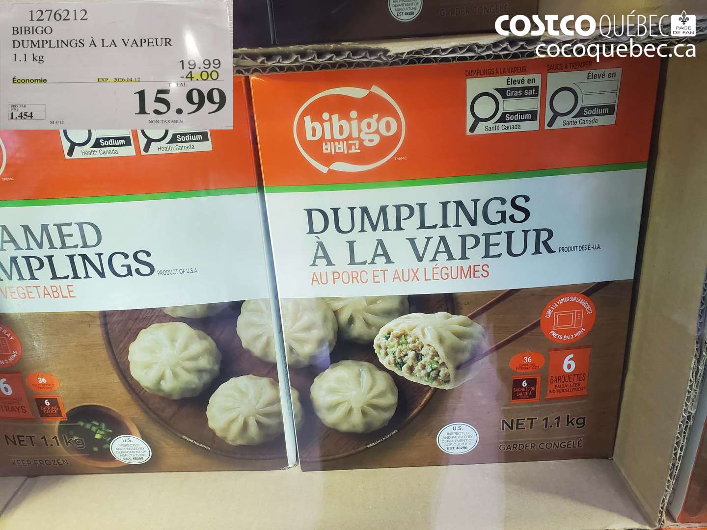1276212 BIBIGO DUMPLINGS À LA VAPEUR 1.1 KG ($4.00 INSTANT SAVINGS EXPIRES ON 2026-04-12) $15.99
