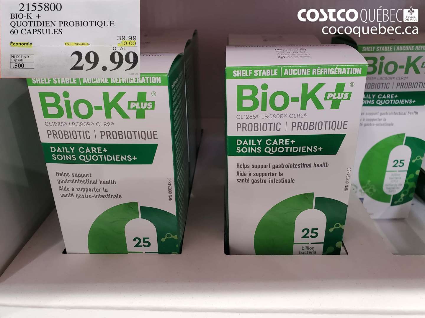 21535800 BIO-K + QUOTIDIEN PROBIOTIQUE 60 CAPSULES ($10.00 INSTANT SAVINGS EXPIRES ON 2026-04-26) $29.99