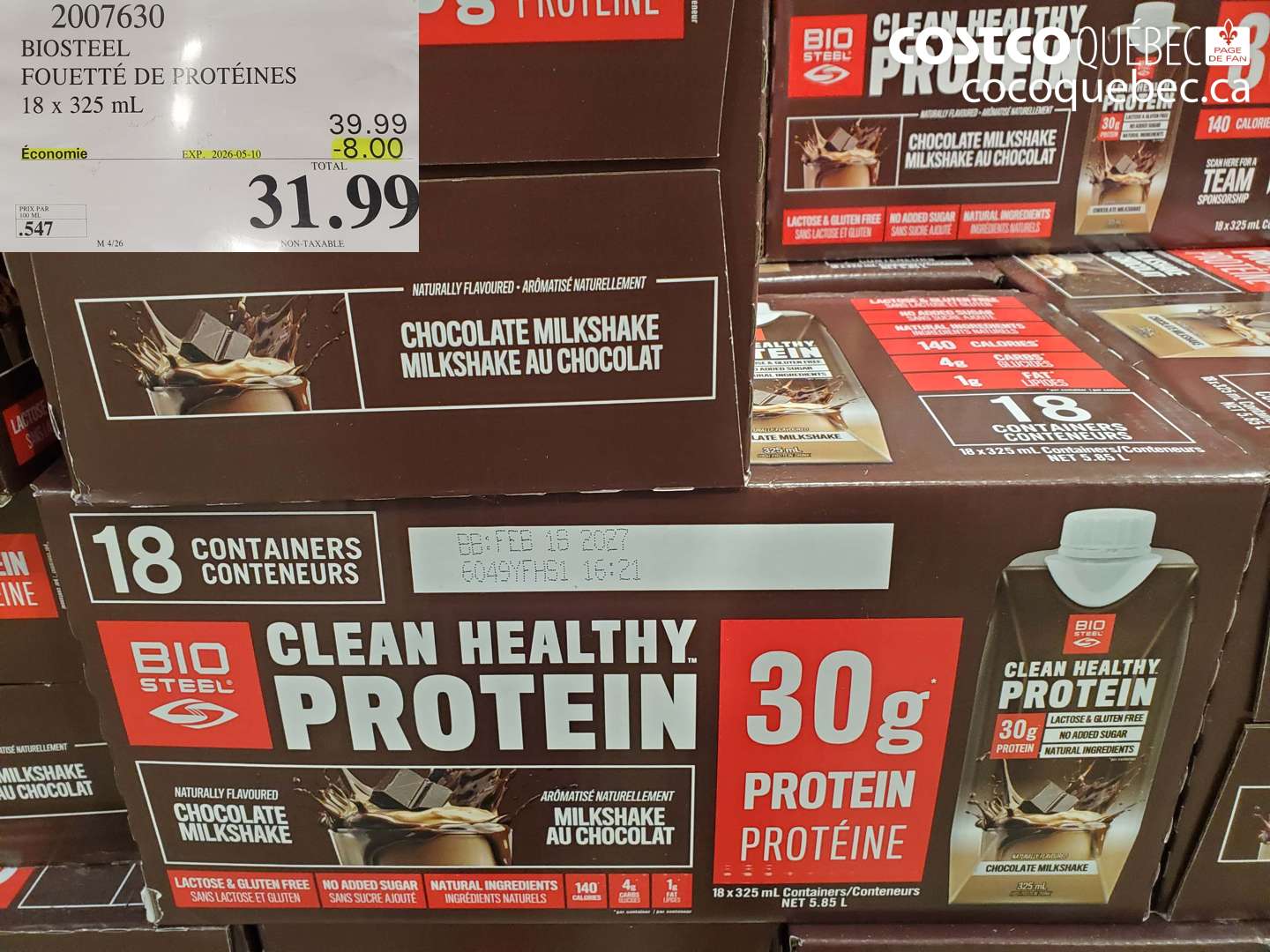 2007630 BIOSTEEL FOUETTÉ DE PROTÉINES 18 X 325 ML ($8.00 INSTANT SAVINGS EXPIRES ON 2026-05-10) $31.99