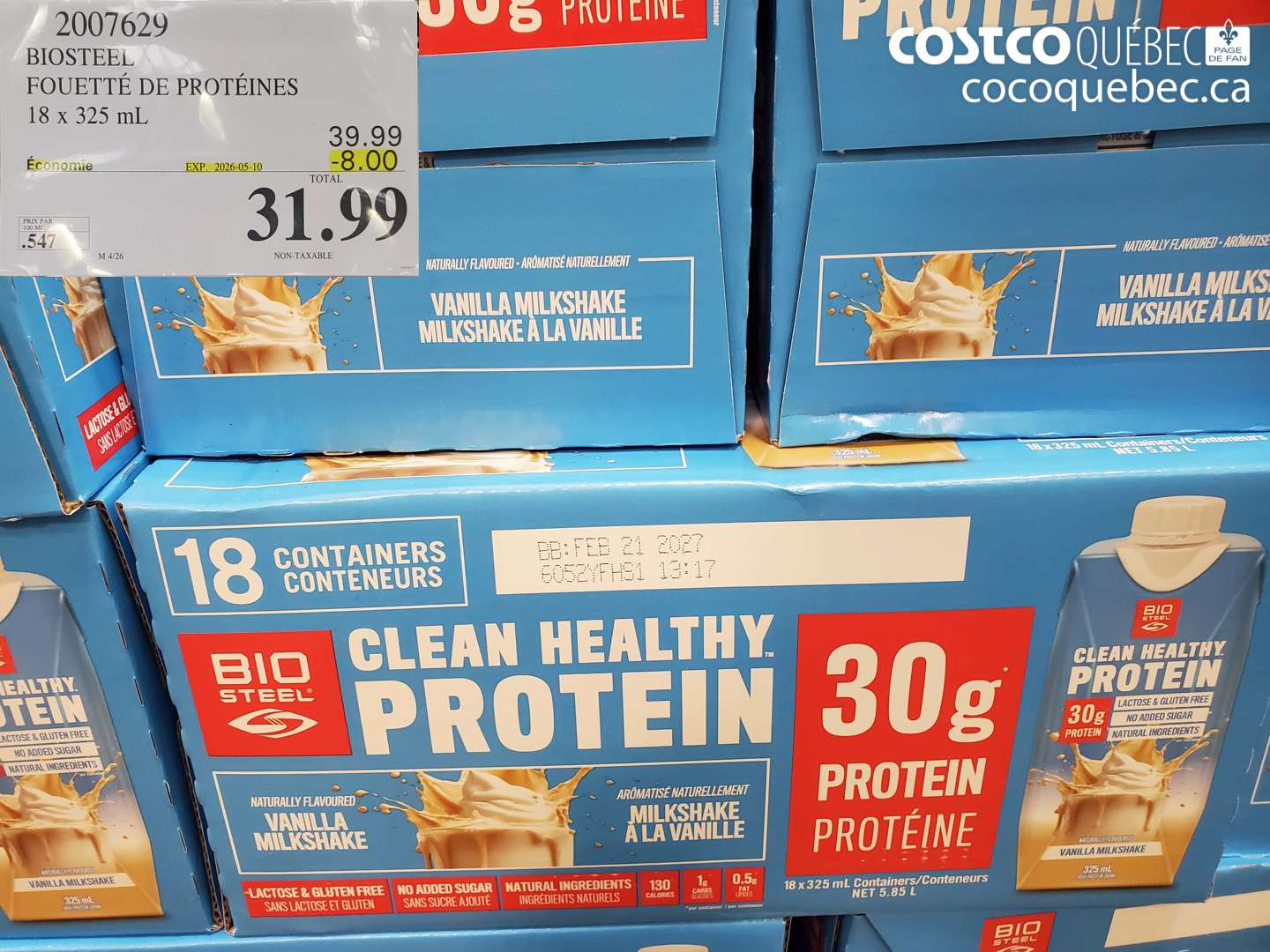 2007629 BIOSTEEL FOUETTÉ DE PROTÉINES 18 X 325 ML ($8.00 INSTANT SAVINGS EXPIRES ON 2026-05-10) $31.99