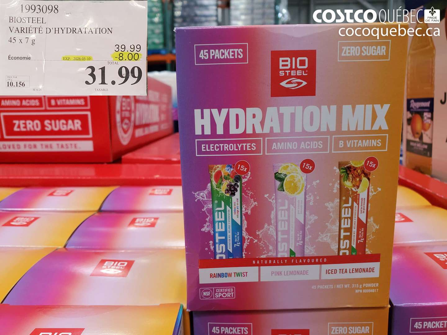 1993098 BIOSTEEL VARIÉTÉ D'HYDRATATION 45 X 7 G ($8.00 INSTANT SAVINGS EXPIRES ON 2026-05-10) $31.99