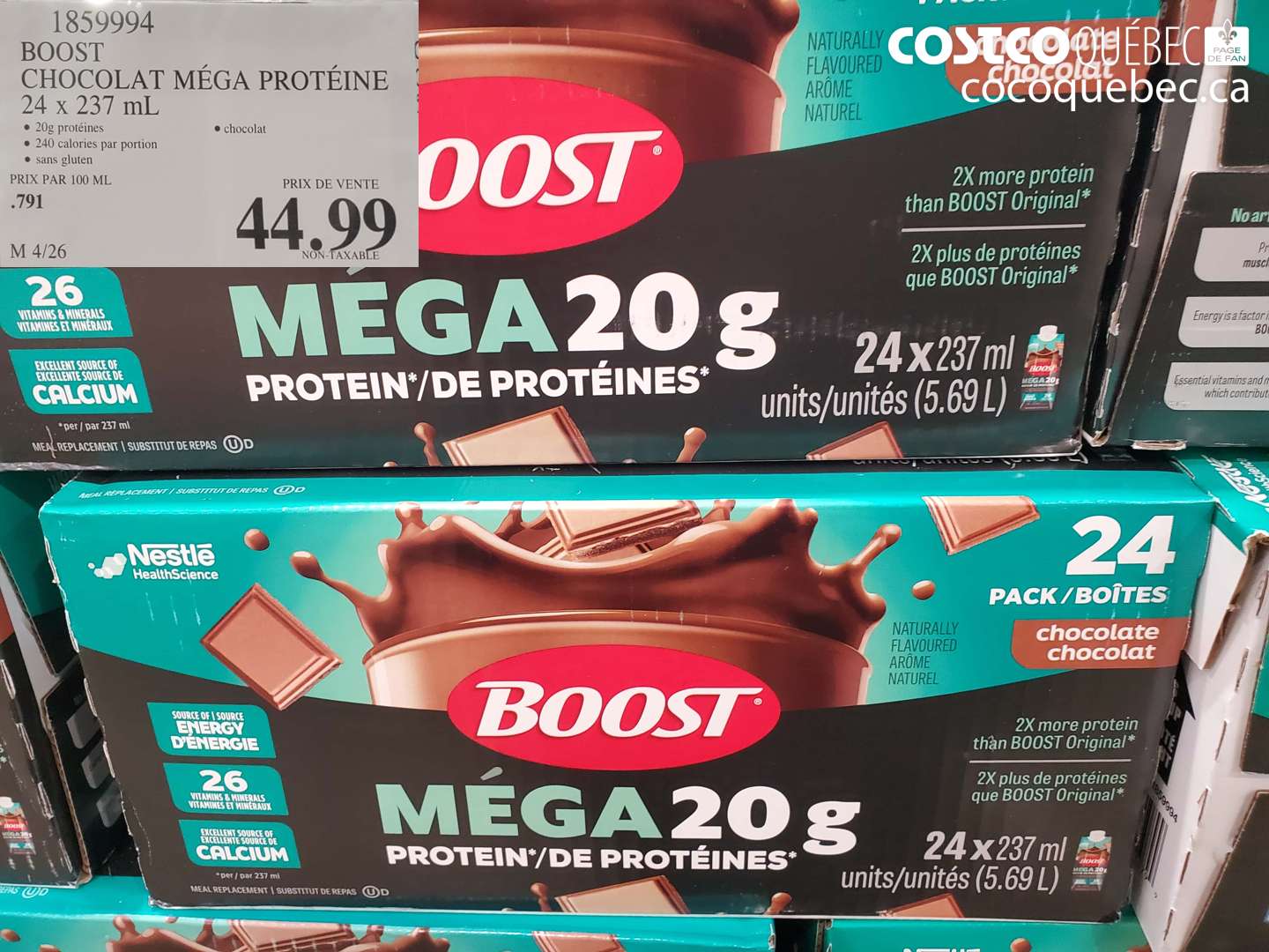 1859994 BOOST CHOCOLAT MÉGA PROTÉINE 24 X 237 ML $44.99
