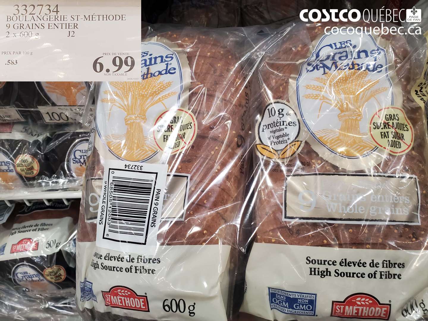 332734 BOULANGERIE ST-MÉTHODE 9 GRAINS ENTIER 2 X 600 G $6.99