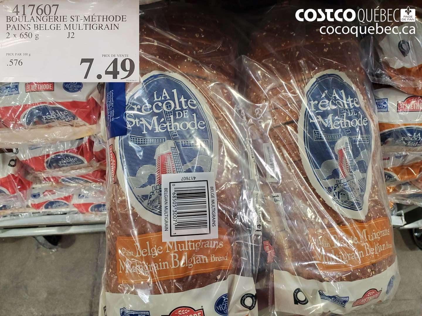 417607 BOULANGERIE ST-MÉTHODE PAINS BELGE MULTIGRAIN 2 X 650 G $7.49