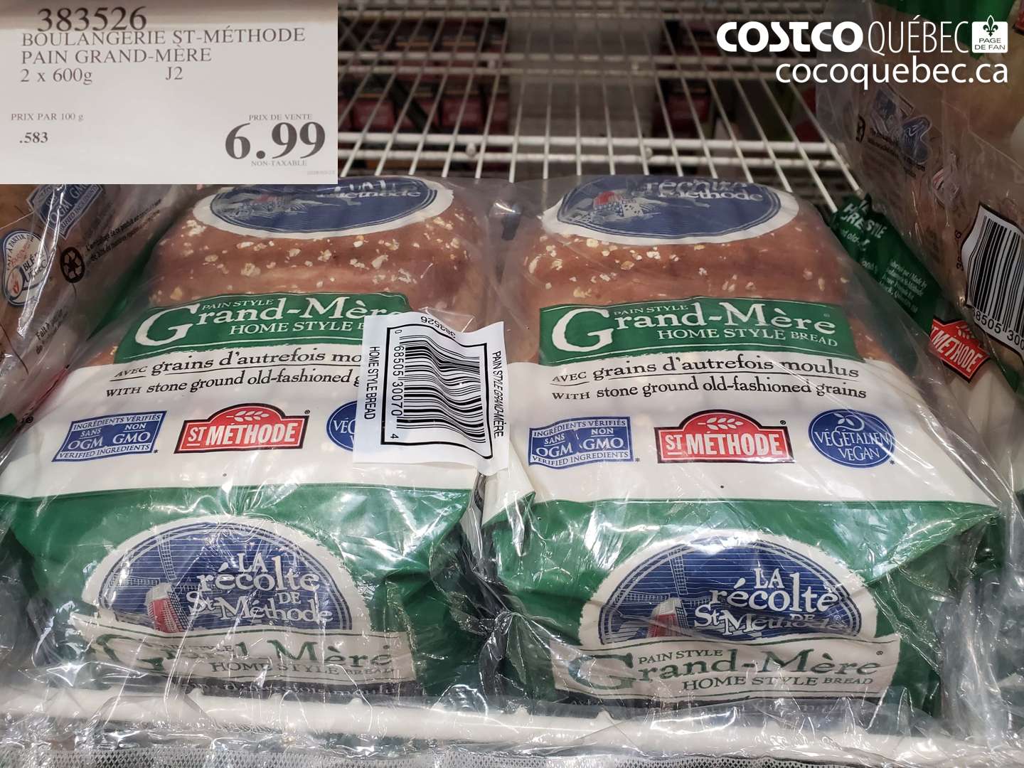 383526 BOULANGERIE ST-MÉTHODE PAIN GRAND-MÈRE 2 X 600 G $6.99