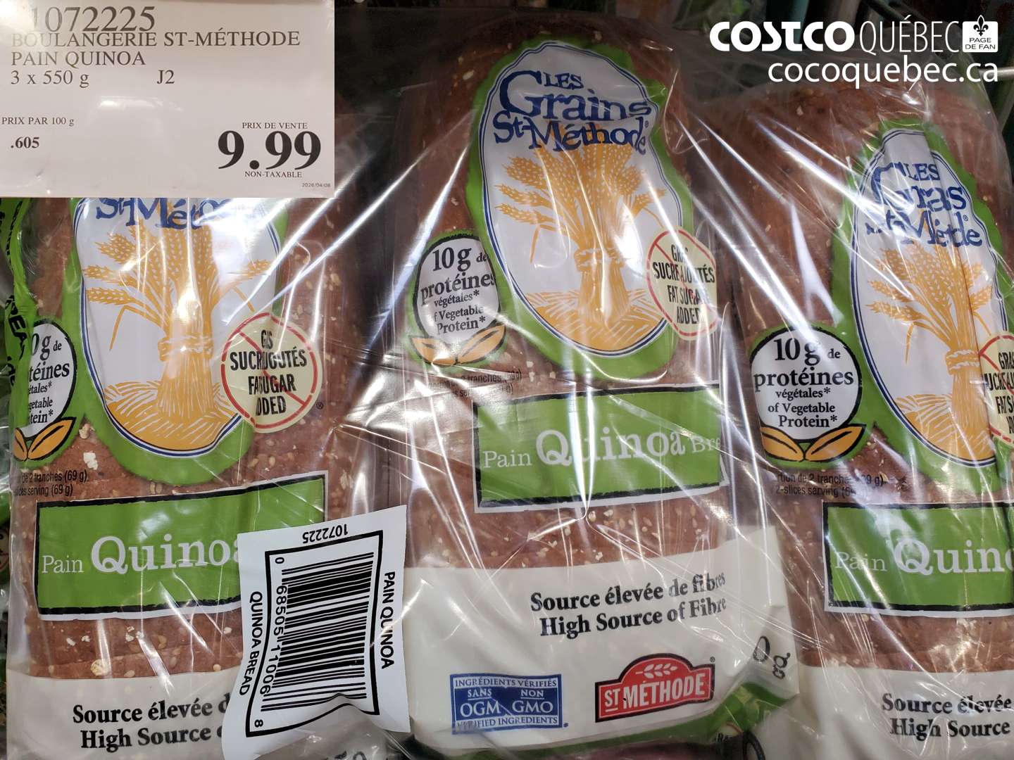 1072225 BOULANGERIE ST-MÉTHODE PAIN QUINOA 3 X 550 G $9.99