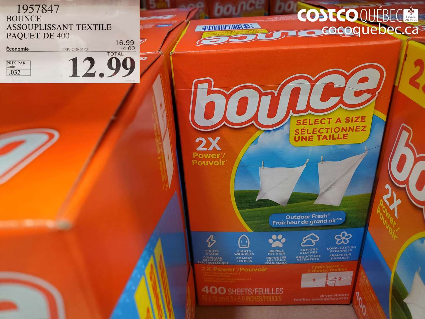 1957847 BOUNCE ASSOUPISSANT TEXTILE PAQUET DE 400 ($4.00 INSTANT SAVINGS EXPIRES ON 2026-05-03) $12.99