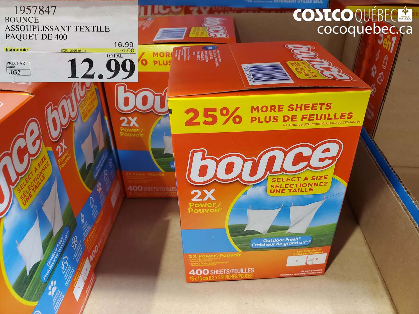 1957847 BOUNCE ASSOUPLISSANT TEXTILE PAQUET DE 400 ($4.00 INSTANT SAVINGS EXPIRES ON 2026-05-03) $12.99