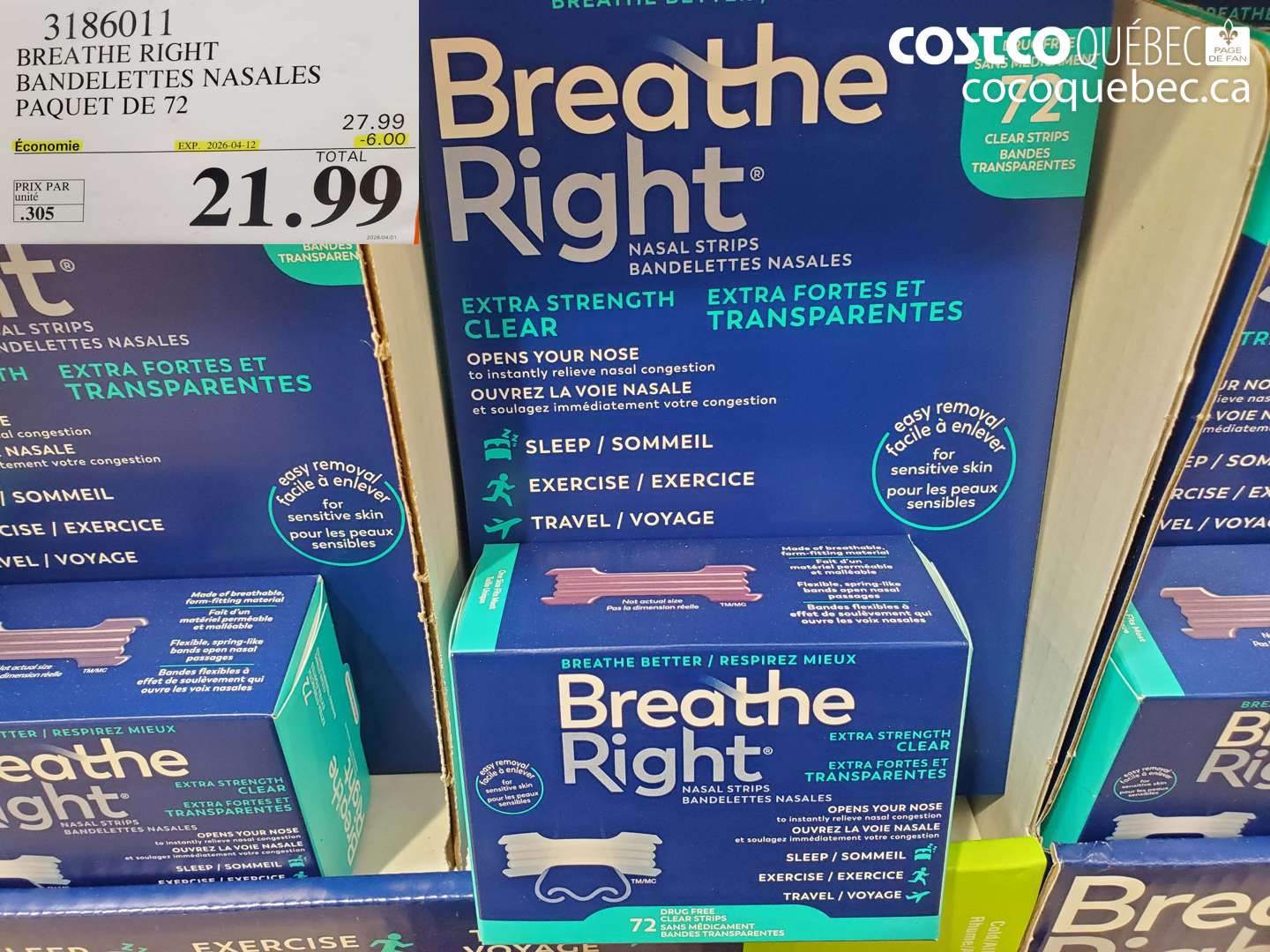 3186011 BREATHE RIGHT BANDELETTES NASALES PAQUET DE 72 ($6.00 INSTANT SAVINGS EXPIRES ON 2026-04-12) $21.99