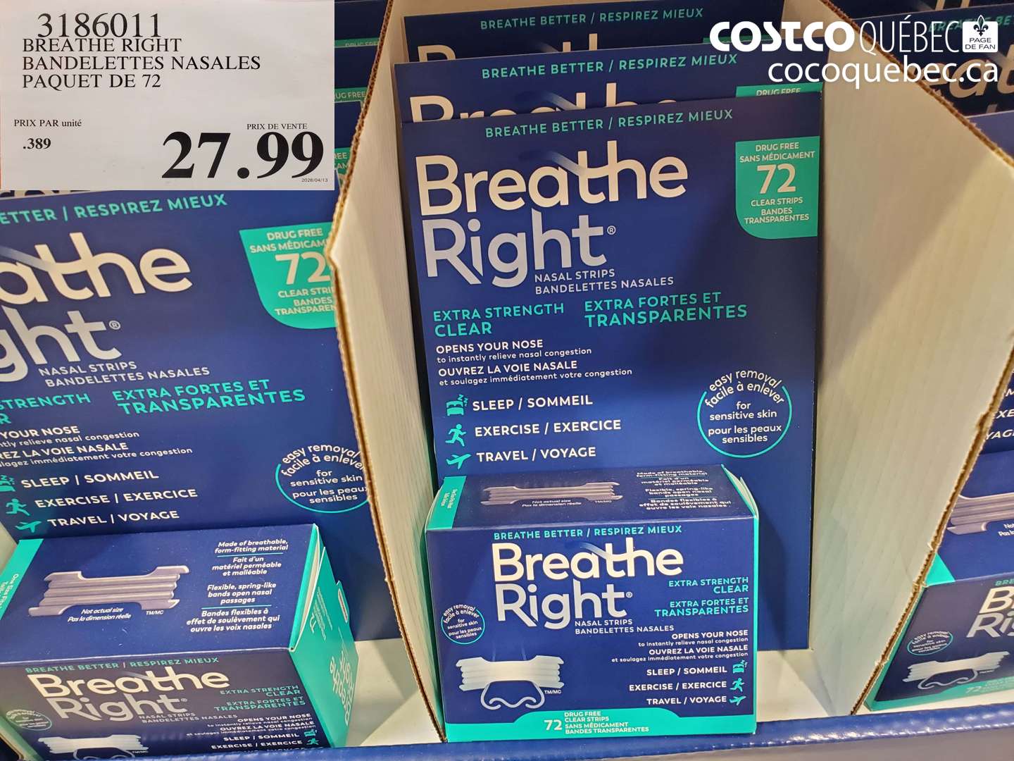 3186011 BREATHE THE RIGHT BANDELETTES NASALES PAQUET DE 72 $27.99
