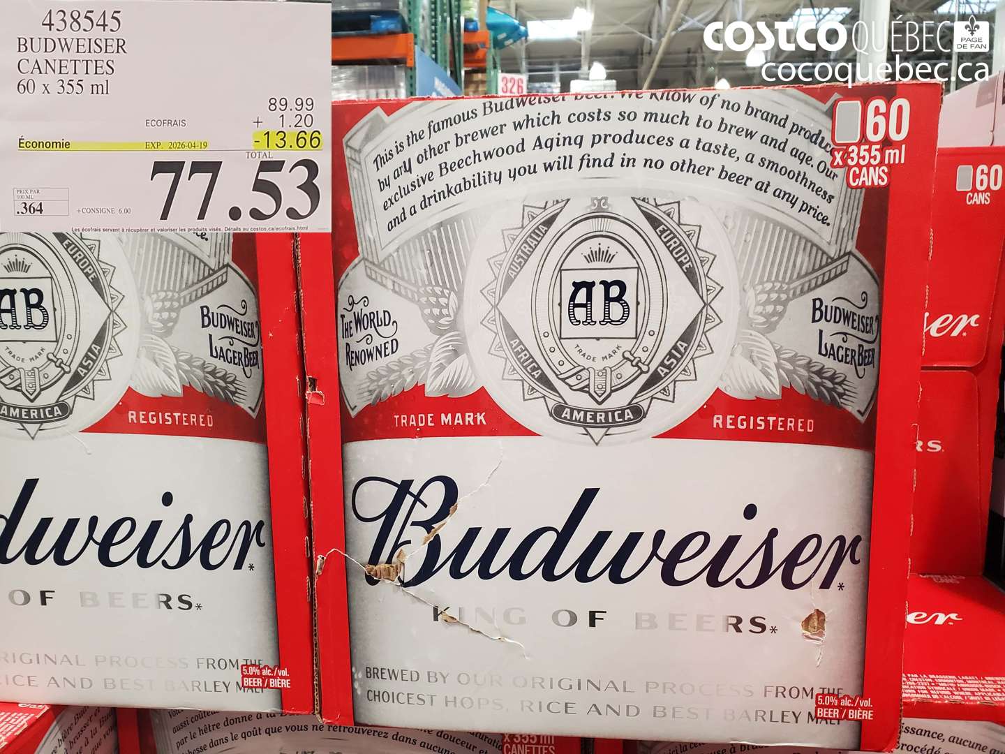 438545 BUDWEISER CANETTES 60 X 355 ML ($13.66 INSTANT SAVINGS EXPIRES ON 2026-04-19) $77.53