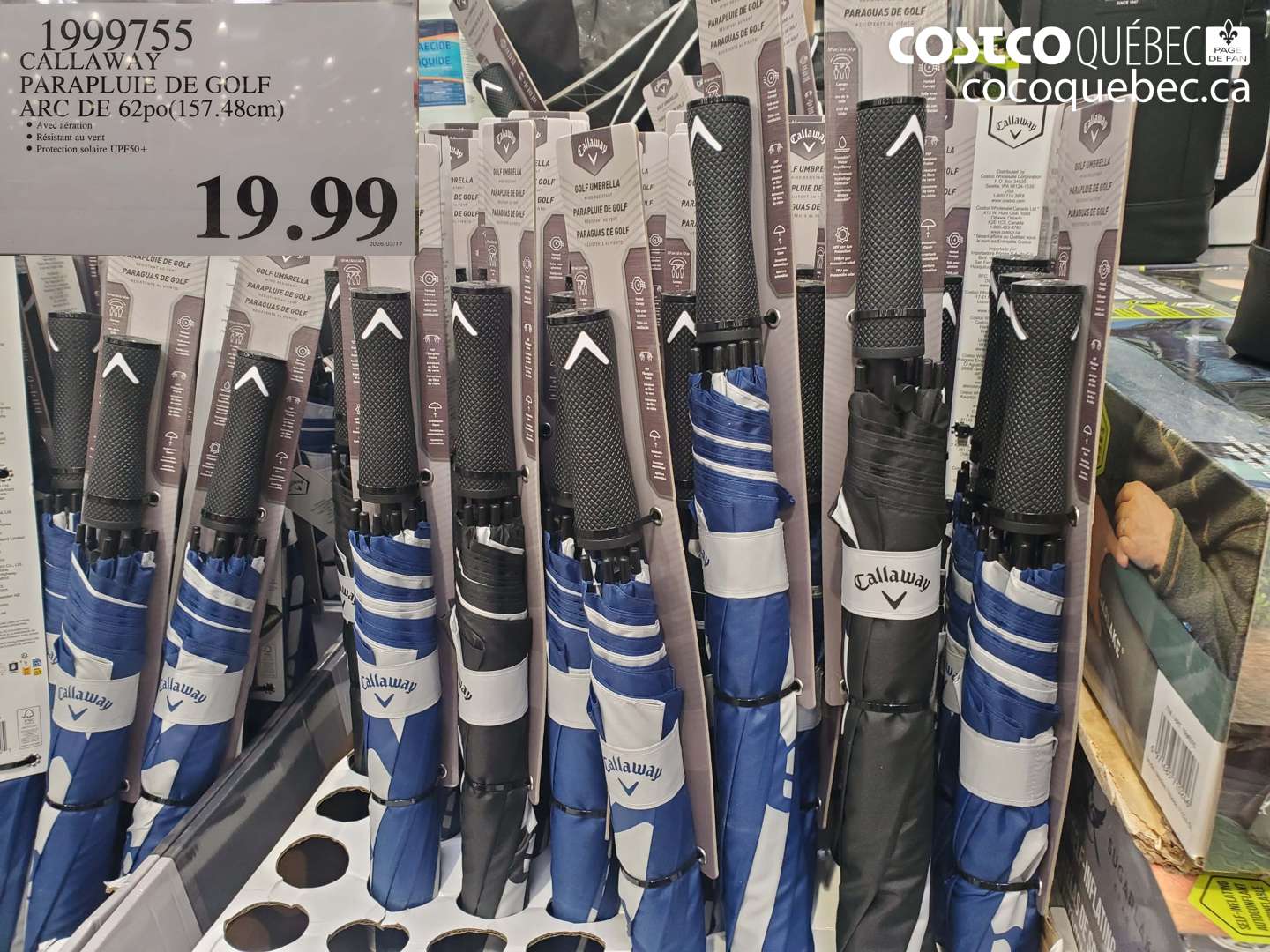 1999755 CALLAWAY PARAPLUIE DE GOLF ARC DE 62PO(157.48CM) $19.99