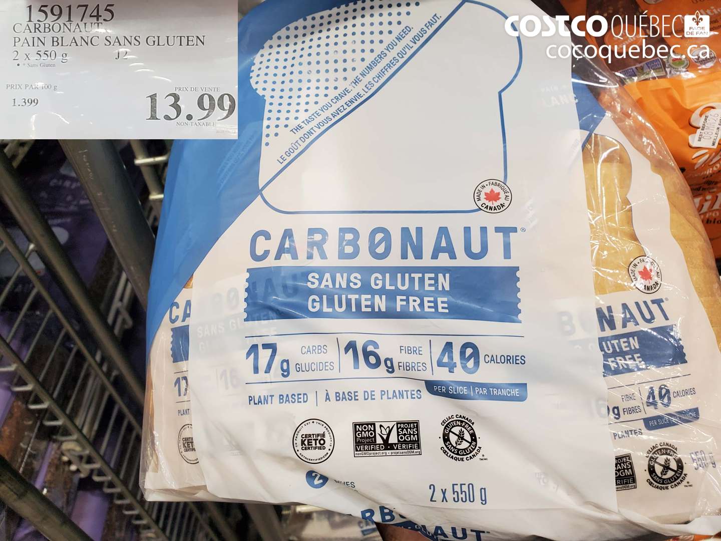 1591745 CARBONAUT PAIN BLANC SANS GLUTEN 2 X 550 G $13.99