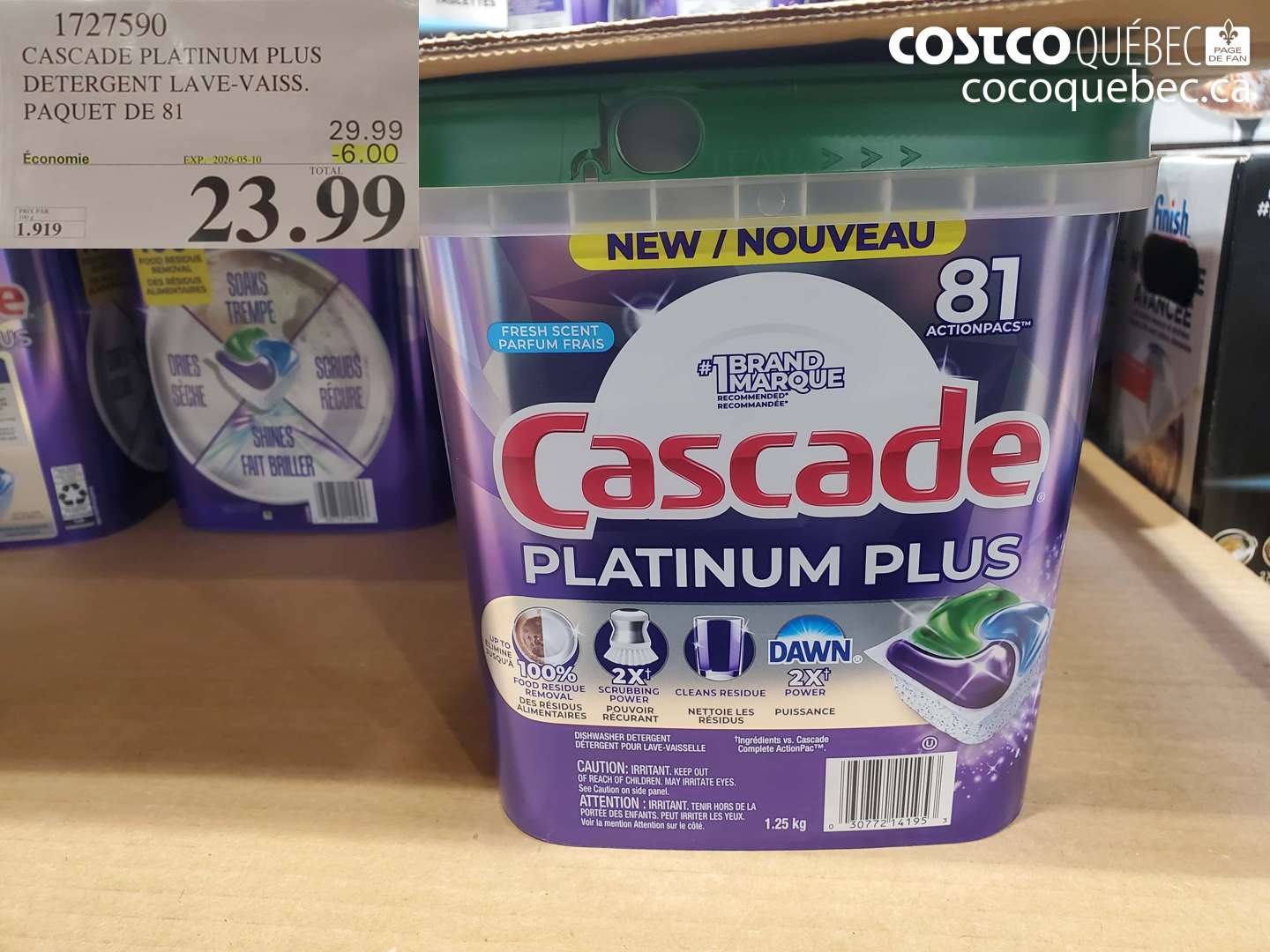1727590 CASCADE PLATINUM PLUS DETERGENT LAVE-VAISSE PAQUET DE 81 ($6.00 INSTANT SAVINGS EXPIRES ON 2026-05-10) $23.99
