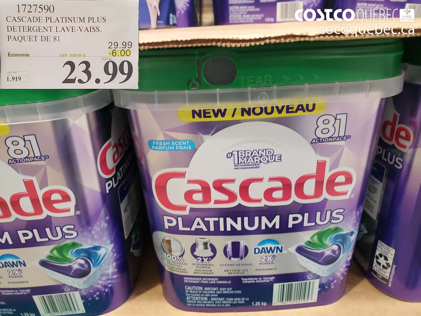 1727590 CASCADE PLATINUM PLUS DETERGENT LAVE-VAISS. PAQUET DE 81 ($6.00 INSTANT SAVINGS EXPIRES ON 2026-05-10) $23.99