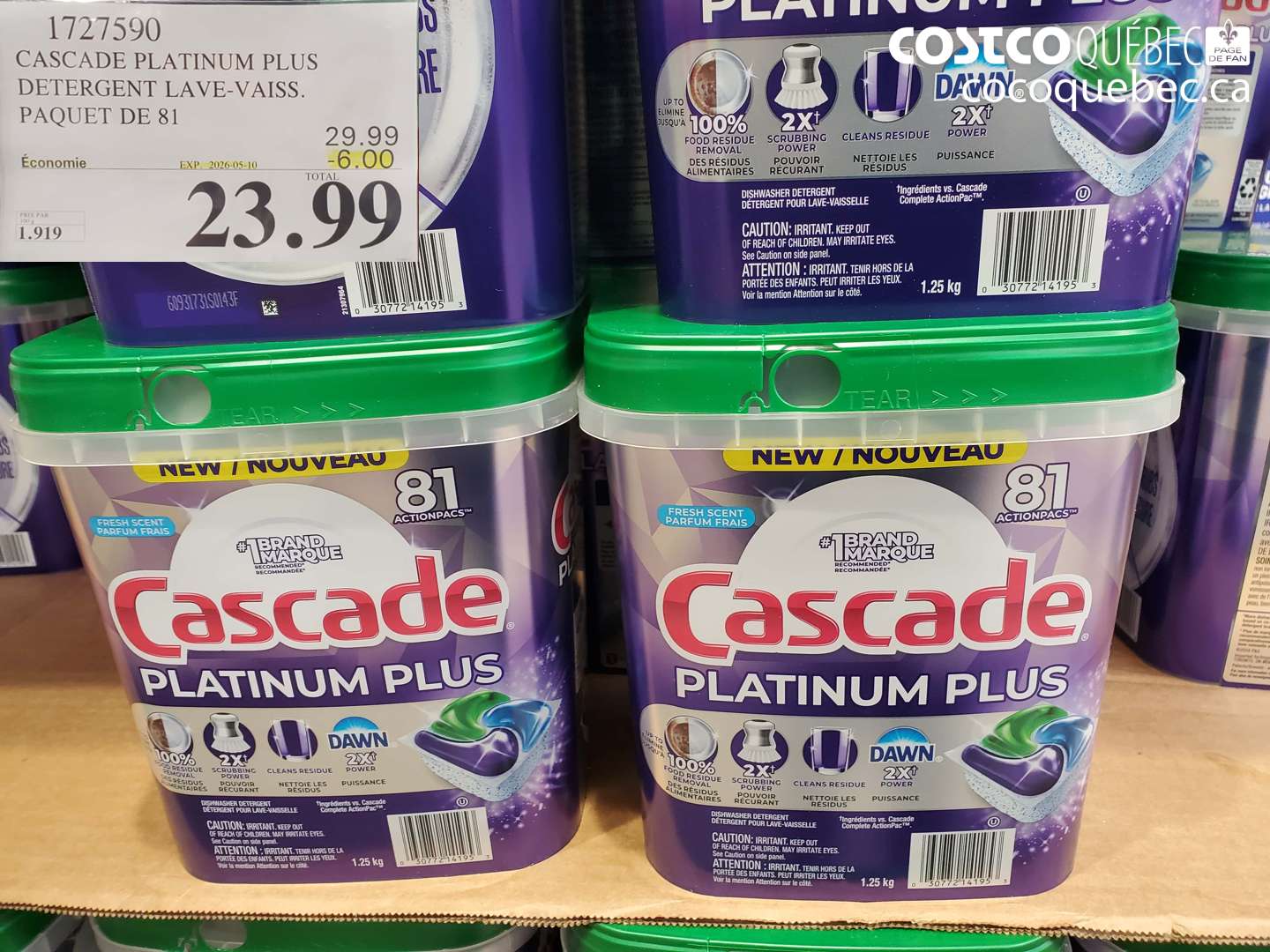 1727590 CASCADE PLATINUM PLUS DETERGENT LAVE-VAISS. PAQUET DE 81 ($6.00 INSTANT SAVINGS EXPIRES ON 2026-05-10) $23.99