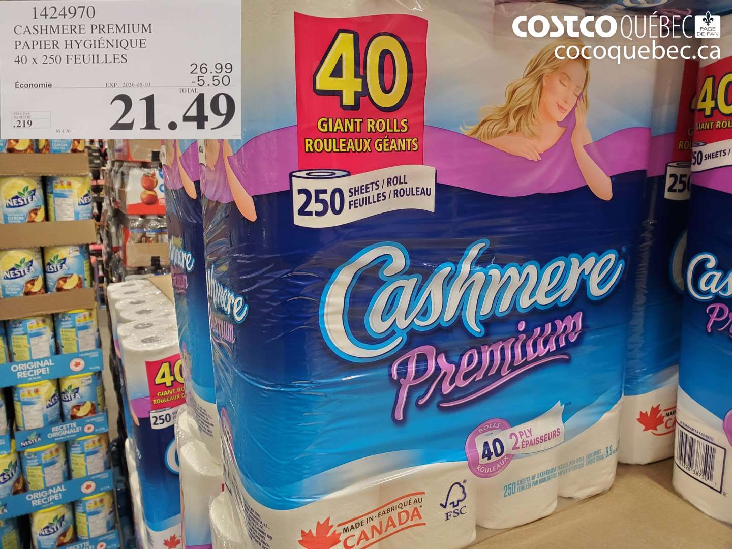 1424970 CASHMERE PREMIUM PAPIER HYGIÉNIQUE 40 X 250 FEUILLES ($5.50 INSTANT SAVINGS EXPIRES ON 2026-05-10) $21.49