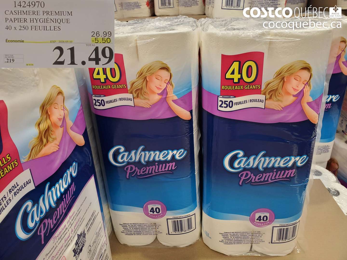 1424970 CASHMERE PREMIUM PAPIER HYGIENIQUE 40 X 250 FEUILLES ($5.50 INSTANT SAVINGS EXPIRES ON 2026-05-10) $21.49