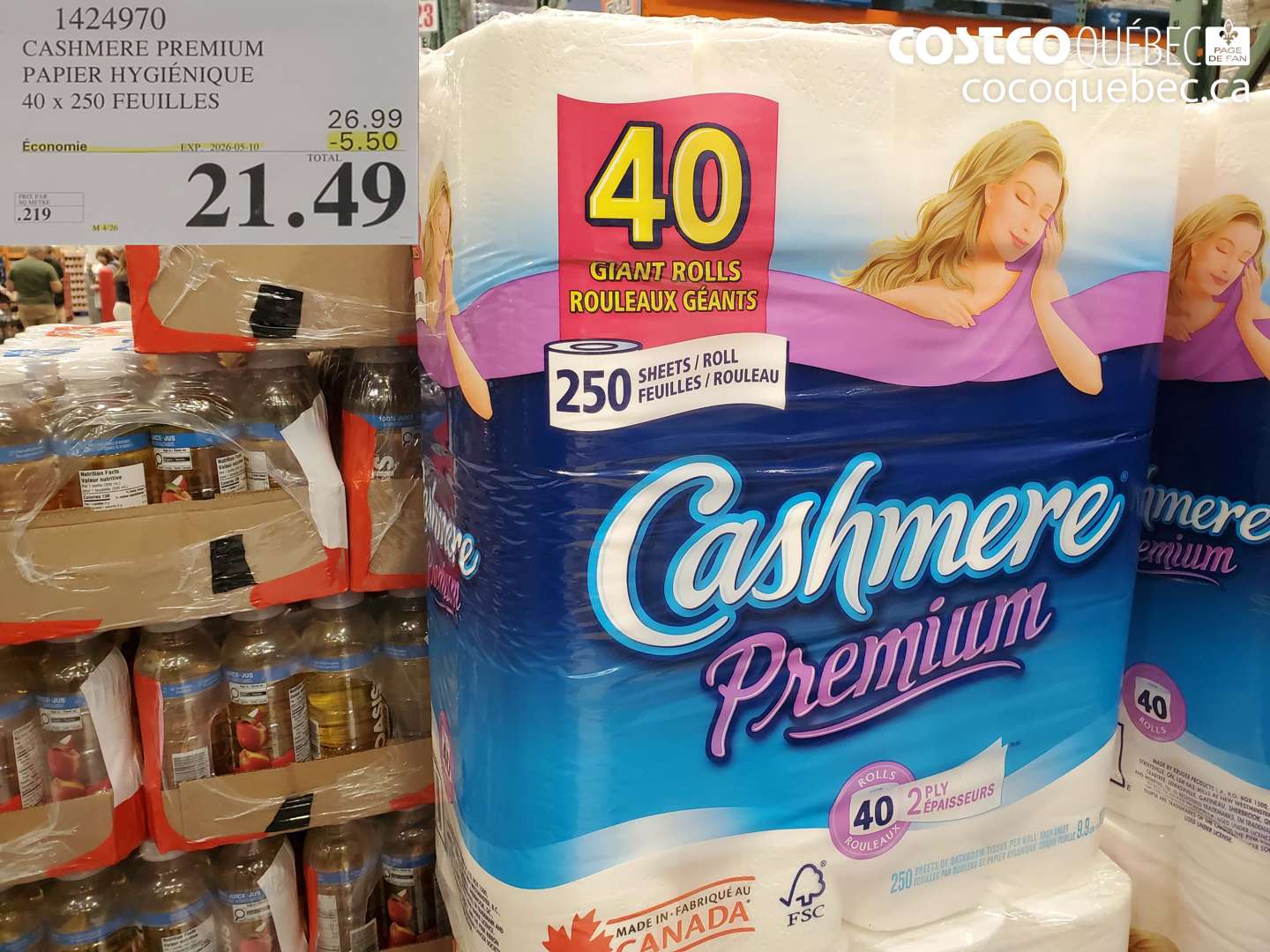 1424970 CASHMERE PREMIUM PAPIER HYGIÉNIQUE 40 X 250 FEUILLES ($5.50 INSTANT SAVINGS EXPIRES ON 2026-05-10) $21.49