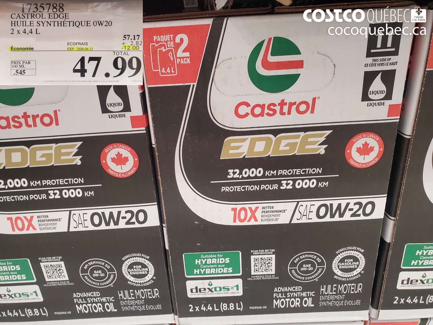 1735788 CASTROL EDGE HUILE SYNTHÉTIQUE 0W20 2 X 4,4 L ($12.00 INSTANT SAVINGS EXPIRES ON 2026-04-12) $47.99