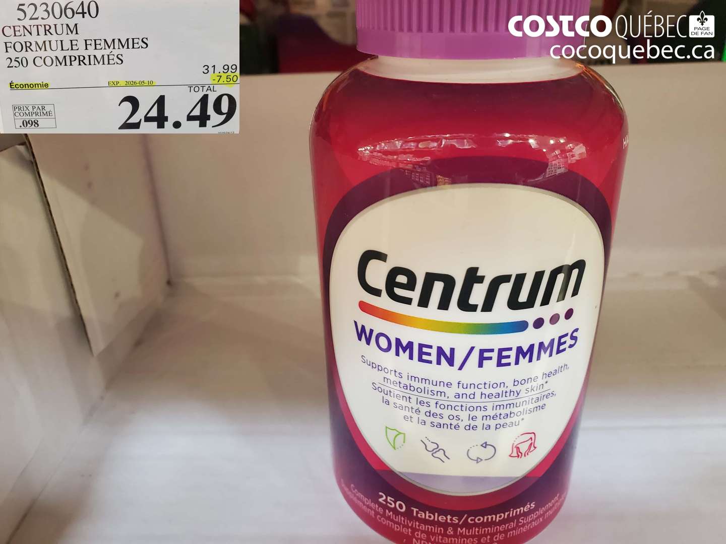 5230640 CENTRUM FORMULE FEMMES 250 COMPRIMÉS ($7.50 INSTANT SAVINGS EXPIRES ON 2026-05-10) $24.49