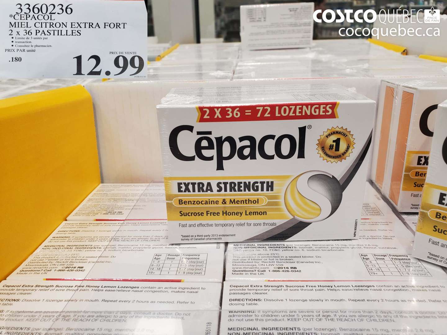 3360236 CEPACOL MIEL CITRON EXTRA FORT 2 X 36 PASTILLES $12.99
