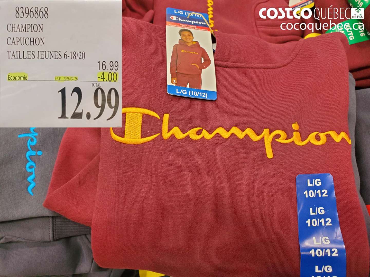 8396868 CHAMPION CAPUCHON TAILLES JEUNES 6-18/20 ($4.00 INSTANT SAVINGS EXPIRES ON 2026-04-26) $12.99