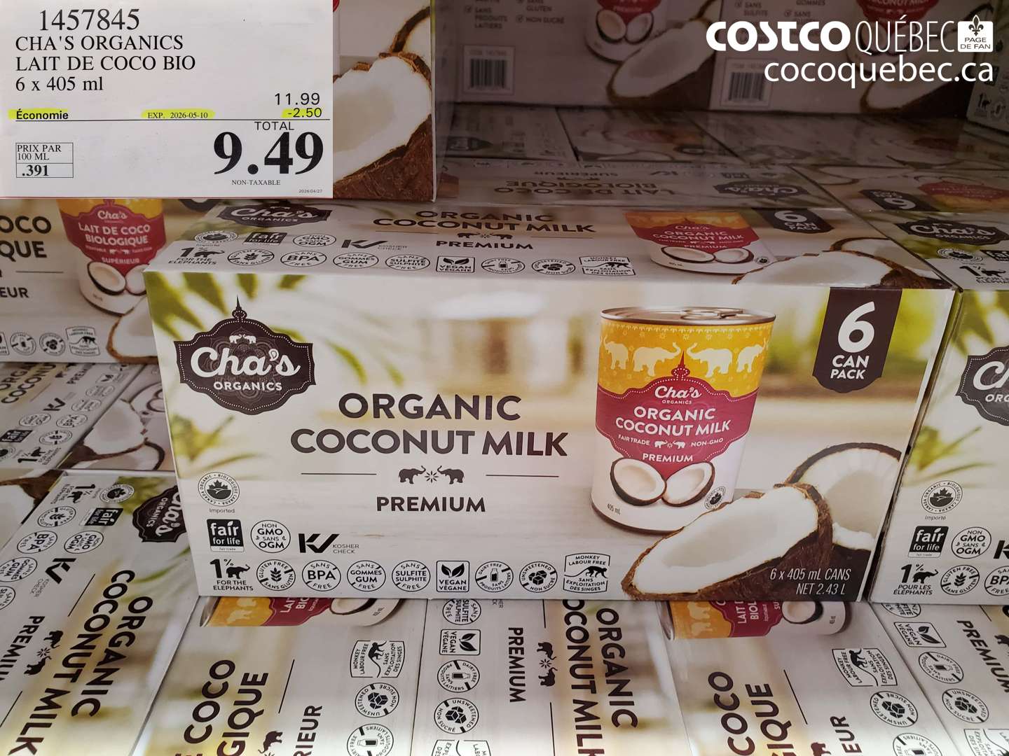 1457845 CHA'S ORGANICS LAIT DE COCO BIO 6 X 405 ML ($2.50 INSTANT SAVINGS EXPIRES ON 2026-05-10) $9.49